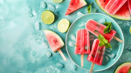 Watermelon and lime popsicles on pastel blue plate, summer time food concept banner with copy space area