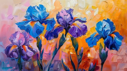 Irises. flowers painted in oil. Painting interior painting. Fragment of an oil painting. Drawn bright multi-colored flowers. Abstract colorful background.