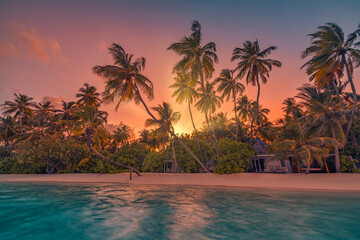 Summer island palm tree sea sand beach. Panoramic beach landscape. Inspire tropical nature seascape horizon. Orange golden sunset sky clouds. Tranquil shore relax beachfront resort. Vacation travel