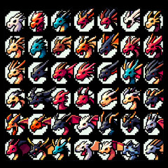 Pixel Art Dragon Icons for RPG Sprite Sheet