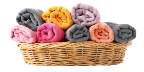 A PNG image featuring a collection of colorful rolled towels arranged neatly in a wicker basket.  Perfect for themes of home decor, bathroom essentials, and organization.