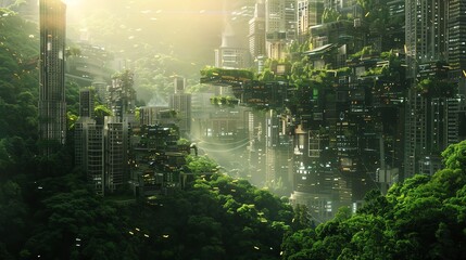 The city of the future is a green and sustainable place where people live in harmony with nature