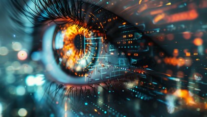 eye reflects digital technology and a futuristic cityscape, symbolizing AI's role in shaping urban life.