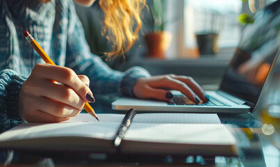 Student writing notes from online class on notebook with laptop, studying e-learning course, planning business event, making to-do list reminder