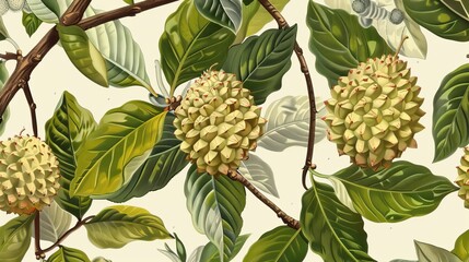 Seamless annona squamosa fruit pattern with leaves.