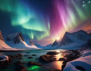 Magische Polarlichter: Atemberaubende Szene über Wasser und Bergen