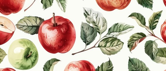 Seamless apple pattern with leaves. Tropical fruit pattern for textile design, wallpaper, and packaging.