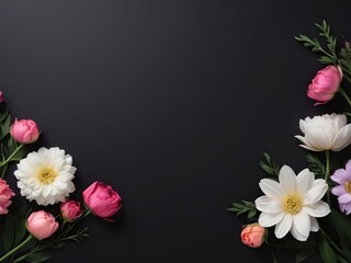 Beautiful flowers on black background, flat lay. Space for text
