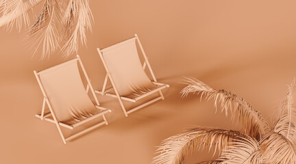 Monochromatic pale orange summer background. Two beach chairs with palm trees. 3D Rendering, 3D...