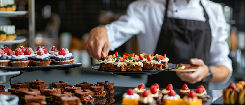Experience luxury with a waiter serving exquisite finger food desserts at cocktail parties or events catering. Indulge in decadence today.