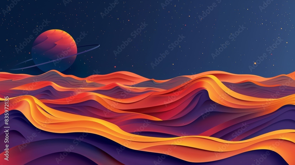 Wall mural a colorful, abstract space scene with a red planet in the background