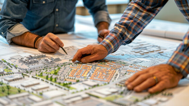 Developers and investors review blueprints for mixed-use projects in master plans.