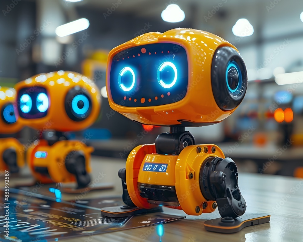 Poster cute robotic toys showcased in tech workshop for kids to learn coding and building