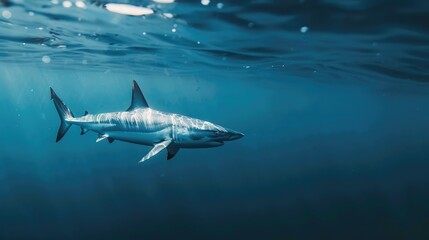 A solitary mako shark cruising through the open sea, its streamlined body and sharp fins cutting through the water