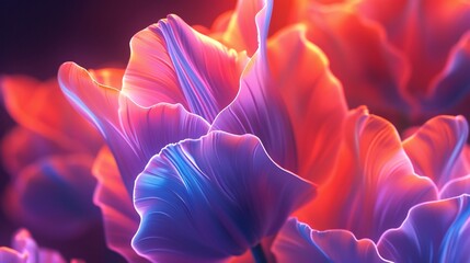 Neon Glow: Tulip's extreme macro with wavy and circular petals, neon edges.