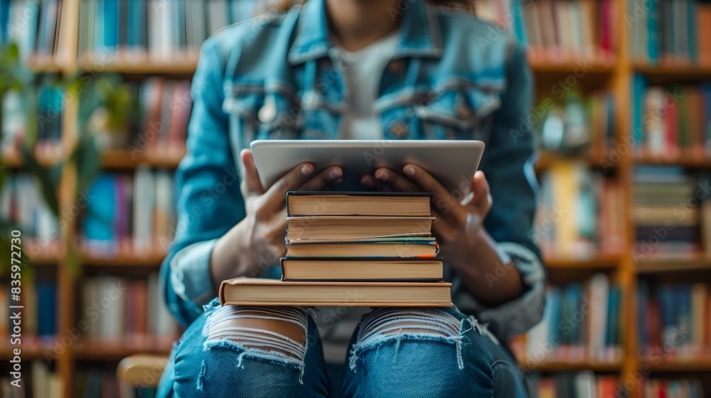 Poster student using digital tablet for interactive textbooks and resources in technology concept