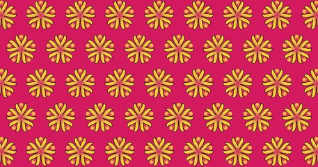 The image features a repeating pattern of yellow floral motifs on a pink background. Each flower has a symmetrical design with petals radiating outwards and a slight gradient from yellow to orange