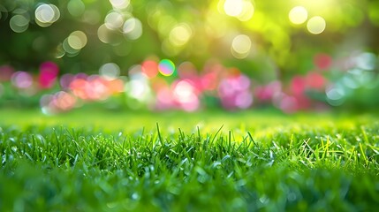 Obraz premium close up of green grass with blurred garden background 