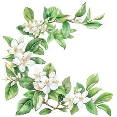 Jasmine, watercolor floral border, watercolor illustration, isolate on white background,