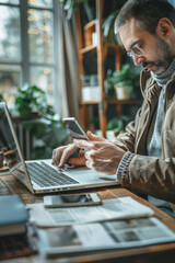 Man multitasking to book hotel online with laptop and smartphone. Online tour reservation concept.
