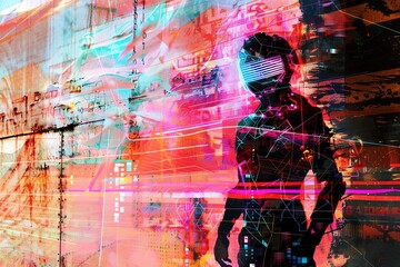 The image shows a woman wearing a virtual reality headset. The background is a blurred cityscape.