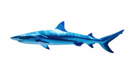 Fototapeta premium A vibrant blue shark swimming gracefully, its sleek form highlighted against a pristine white background