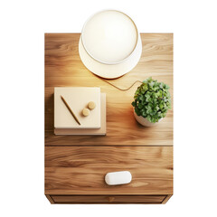 Wooden Bedside Table Lamp Night Setting Top View White Isolated on Transparent or White Background, PNG
