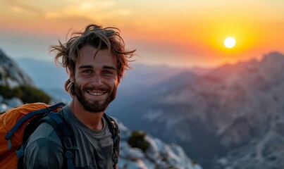 Selfie picture of a young hiker man at top of mountain , happy caucasian guy smiling at camera and enjoying the sunset view, Generative AI 