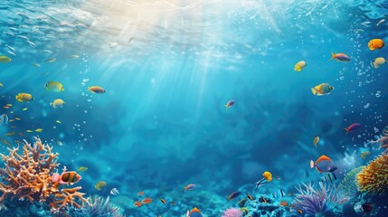 Fototapeta premium A vibrant underwater scene with colorful fish and a clear space above for text