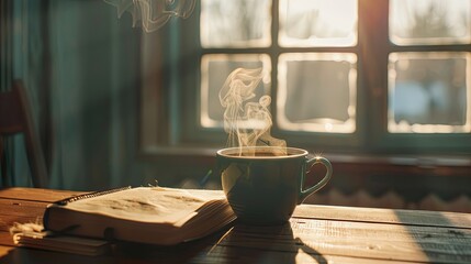 A steaming cup of coffee on a wooden table by the window, sunlight streaming in, with a book beside it.