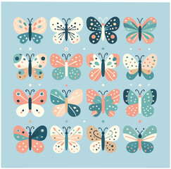A collection of 16 colorful, cartoon-style butterfly illustrations, each with unique patterns and designs, set against a light blue background.