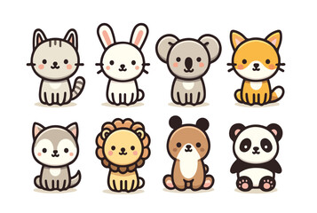 A collection of 8 cute, cartoon-style animal illustrations, featuring a cat, bunny, koala, fox, wolf, lion, bear, and panda, set against a white background