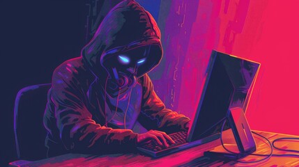 Hacker in hood hacking at computer in dark room. Computer criminal uses malware to hack devices