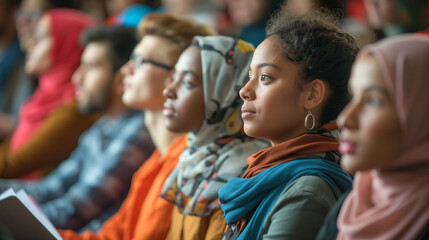 Attentive Diverse Students Listening to Lecture in University Auditorium
