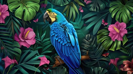 Blue Macaw Surrounded by Flowers and Foliage