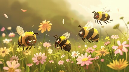 An endearing cartoon bee family, with baby bees and their parents, flying around a field of blooming flowers