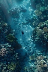 Fototapeta premium Underwater diver swims among vibrant coral reefs with rays of sunlight filtering through the water, showcasing the beauty of marine life.