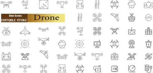 Drone, Quadrocopter line icons set. Fast delivery, remote control, propeller, city map navigation, action camera, radar screen, radio antenna