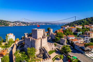 Fatih Sultan Mehmet Bridge and Anadolu Hisari (Anatolian Fortress) in Istanbul, Turkey. Beautiful...