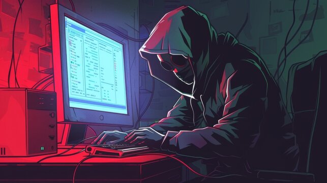Hacker in hood hacking at computer in dark room. Computer criminal uses malware to hack devices