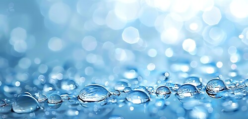Close-up of glistening water droplets against a calm blue backdrop.