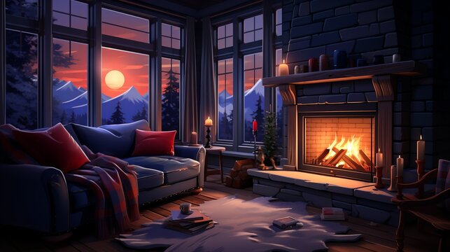 A Cozy Living Room Scene With A Family Gathered Around A Fireplace, Sharing Stories And Warmth On A Winter Evening. Painting Illustration Style, Minimal And Simple,