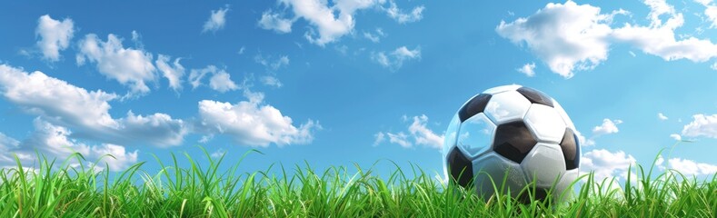 Fototapeta premium Peaceful Game Day: Soccer Ball Resting on Lush Field Under Blue Sky, Generative AI