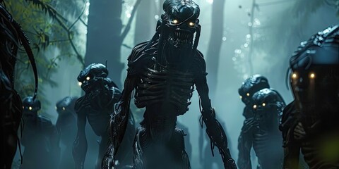 Fototapeta premium a image of a group of alien men walking through a forest