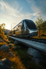 A sleek, modern train glides through a scenic countryside, bathed in warm sunlight, showcasing advanced transportation design and natural beauty.