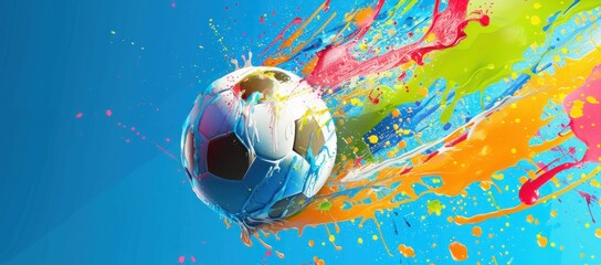 Fototapeta premium Explosive Soccer Ball Animation with Vivid Paint Splashes on Blue Background, Artistic Vision, Generative AI
