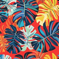 Vibrant Monstera and Tropical Leaves on a Red Background - Seamless Pattern Generative AI