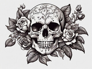 Hand drawn skull with decorative roses