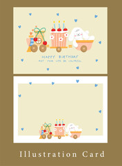 a white dog with flower and pink birthday cake on train frame , birthday card decoration for blessings , cute background.