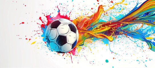 Colorful Swirl of Paint Splashes Surrounding Soccer Ball in Dynamic Art Piece, Generative AI